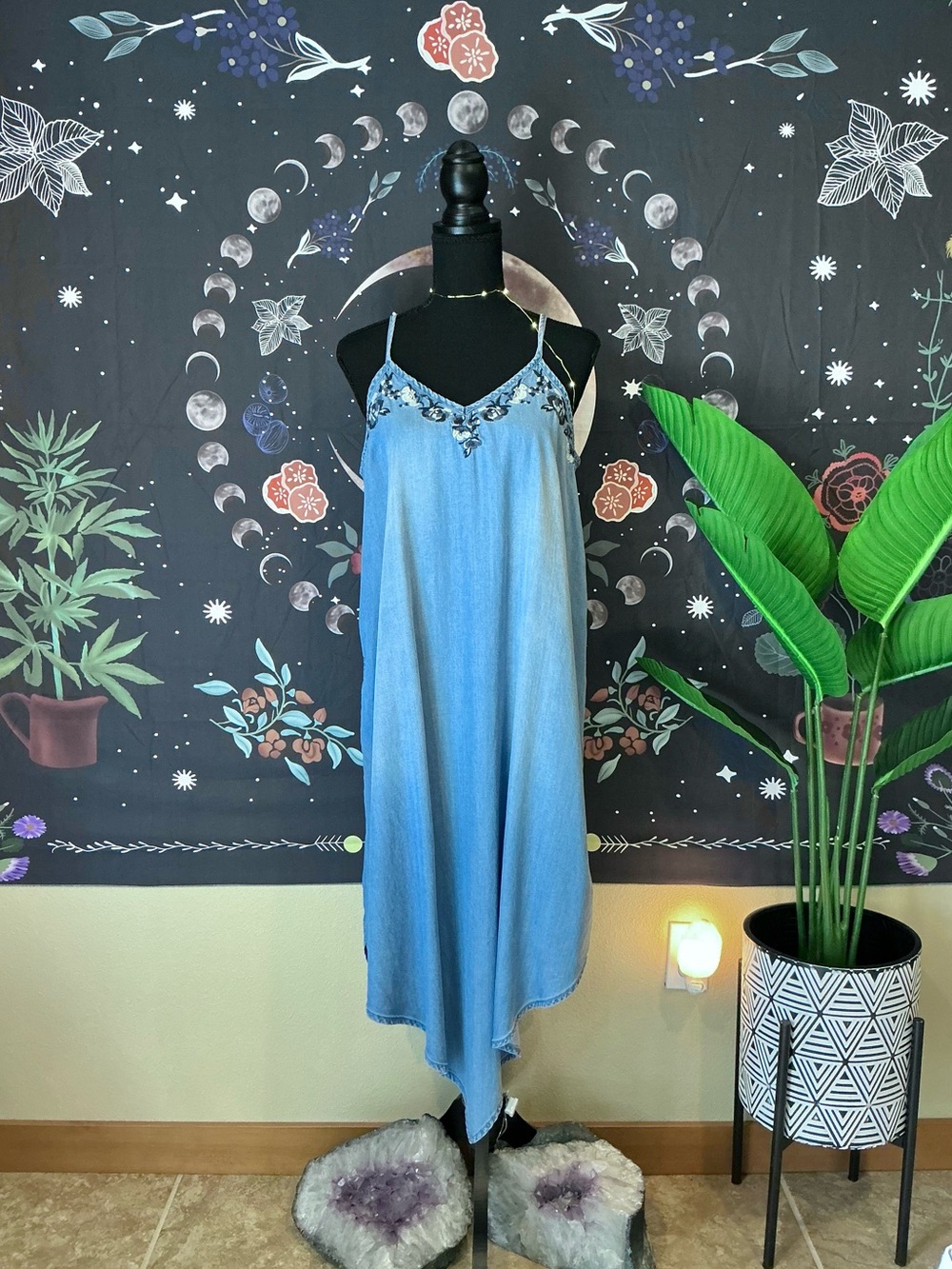 Denim Slip Dress with Embroidered Neckline 💙